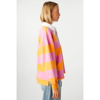 Yellow Stripe Color Block Polo Collar Sweatshirt - L thumbnail