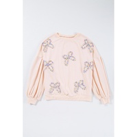 Parchment Embroidered Bow Lantern Sleeve Oversized Pullover Sweatshirt - L thumbnail