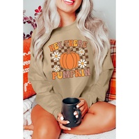 Khaki Floral Checkered Pumpkin Graphic Drop Shoulder Thanksgiving Sweatshirt - XL thumbnail