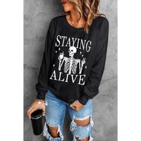 Black STAYING ALIVE Skull Graphic Crewneck Halloween Sweatshirt - S thumbnail