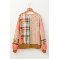 Multicolour Waffle Knit Plaid Patchwork Side Slits Loose Sweatshirt - S thumbnail