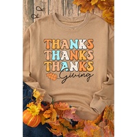 Khaki THANKS giving Leaves Printed Drop Shoulder Sweatshirt - L thumbnail