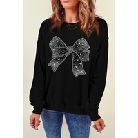 Black Rhinestone Bowknot Graphic Crewneck Pullover Sweatshirt - S thumbnail