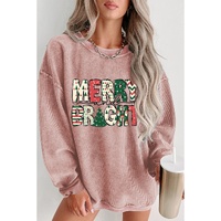Pink MERRY and BRIGHT Christmas Tree Print Ribbed Sweatshirt - L thumbnail