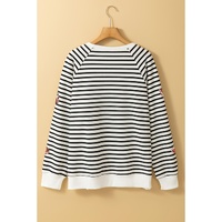 Black Stripe Sequin Rugby Football Side Slits Oversized Sweatshirt - L thumbnail
