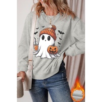 Gray Halloween Ghost Print Crewneck Drop Shoulder Sweatshirt - S thumbnail