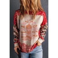 Red YEEHAW COWGIRL Graphic Bleached Scatter Leopard Sleeve Sweatshirt - M thumbnail
