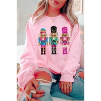 Pink Cute Nutcracker Printed Drop Shoulder Christmas Sweatshirt - S thumbnail