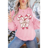 Pink Christmas Bow Candy Cane Graphic Drop Shoulder Crew Neck Sweatshirt - S thumbnail