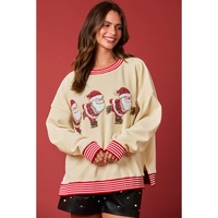 Beige Santa Skiing Graphic Striped Trim Corded Sweatshirt - L thumbnail