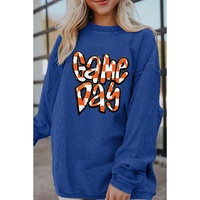 Dark Blue Chenille Checkered Game Day Graphic Drop Shoulder Corded Sweatshirt - XL thumbnail