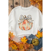 Beige Polka Dot Bow Knot Pumpkin Print Thanksgiving Sweatshirt - L thumbnail