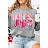 Gray HOLLY JOLLY Nutcracker Print Crew Neck Christmas Sweatshirt - S thumbnail