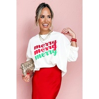 Beige merry merry merry Printed Christmas Sweatshirt - M thumbnail