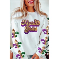 Beige Sequin Mardi Gras Patched Pattern Fleur de Lis Sleeve Sweatshirt - XL thumbnail