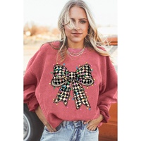 Strawberry Pink Checkered Bow Print Ribbed Crew Neck Pullover Sweatshirt - L thumbnail