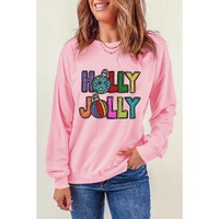 Pink HOLLY JOLLY Christmas Festive Letter Graphic Sweatshirt - M thumbnail