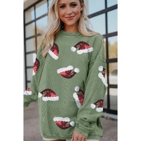 Grass Green Sequined Christmas Hat Graphic Winter Corded Sweatshirt - L thumbnail