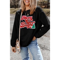 Black Merry & Bright Christmas Tree Pattern Corded Baggy Sweatshirt - 3XL thumbnail