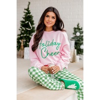 Pink Holiday Cheer Letter Graphic Christmas Slogan Sweatshirt - M thumbnail