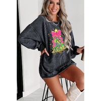 Gray Stunning Christmas Tree Printed Drop Shoulder Corded Sweatshirt - L thumbnail