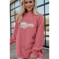 Strawberry Pink Sequin Love Graphic Drop Shoulder Corded Valentines Sweatshirt - XL thumbnail