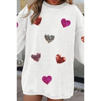 White Valentines Heart Patched Pattern Corded Pullover Sweatshirt - M thumbnail