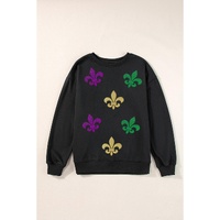 Black Mardi Gras Fleur de Lis Graphic Round Neck Pullover Sweatshirt - M thumbnail