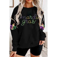 Black Ceramic Rhinestone mardi gras Letter Graphic Sweatshirt - M thumbnail