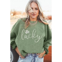 Grass Green Rhinestone lucky Clover Graphic Ribbed St Patrick Sweatshirt - S thumbnail