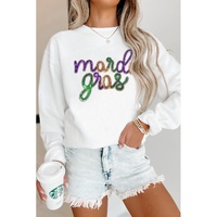 White Sequined mardi gras Graphic Crew Neck Drop Shoulder Sweatshirt - S thumbnail