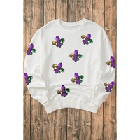 White Fleur De Lis Sequin Patched Graphic Drop Shoulder Sweatshirt - XL thumbnail