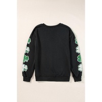 Black Sequin Clover Patched Drop Shoulder Sweatshirt - L thumbnail