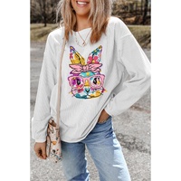 White Floral Rabbit with Glasses Graphic Corded Easter Sweatshirt - L thumbnail