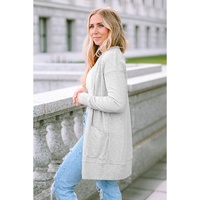 Beige Thermal Waffle Knit Pocketed Cardigan - M thumbnail