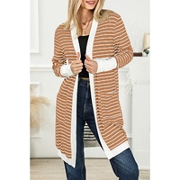 Brown Striped Side Pockets Open Front Cardigan - L thumbnail