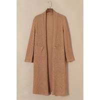 Chestnut Long Waffle Knit Cardigan with Pockets - L thumbnail