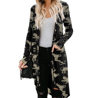 Black Printed Animal Print Ribbed Knit Cardigan - L thumbnail
