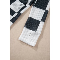Black Checkered Waffle Knit Thumbhole Open Front Cardigan - S thumbnail