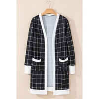Black Plaid Colorblock Edge Open Cardigan with Pocket - M thumbnail