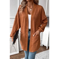 Chestnut Textured Knit Side Pockets Open Front Cardigan - L thumbnail