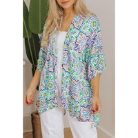 White Boho Floral Printed Rhinestone 3/4 Sleeve Open Front Kimono - XL thumbnail