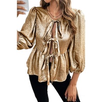 Gold Bow Tie Front Puff 3/4 Sleeve Ruffle Hem Blouse - L thumbnail
