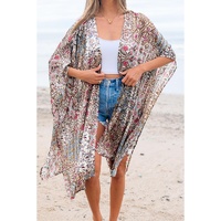 Apricot Floral Print Short Wide Sleeve Open Front Loose Kimono - One Size thumbnail