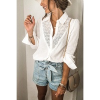 Azura Exchange Lace Hollow-out Splicing Crinkled Shirt - L thumbnail