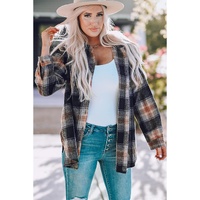 Black Oversize Rounded Hem Plaid Shacket with Slits - S thumbnail