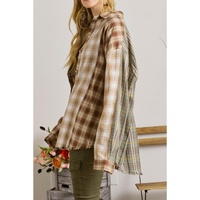 Brown Multi Plaid Patchwork Raw Edge Casual Shirt - XL thumbnail
