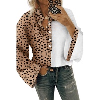 Khaki Leopard Contrast Half Button Casual Blouse - S thumbnail