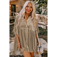 Azura Exchange Pale Khaki 3/4 Sleeve Tunic Babydoll Velvet Shirt - L thumbnail