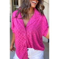 Bright Pink Lapel Neck Checkered Textured Short Sleeve Shirt - S thumbnail